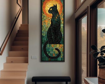 Mosaic Black Cat Wall Art, Vertical Stained Glass Canvas, Tall Narrow Feline Decor, Colorful Pet Print, Whimsical Animal Painting Gift