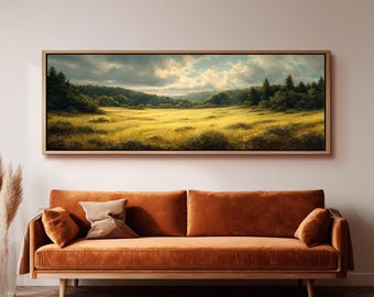 Golden Meadow Painting, Vintage Landscape, Long Horizontal Canvas, Wide Panoramic Framed Art, Large Farmhouse Print, Above Bed Wall Decor
