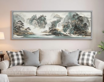 Japanese Mountain Waterfall Print, Sumi-e Inspired Panoramic Canvas, Long Horizontal Framed Art, Large Vintage Chinoiserie Zen Wall Decor