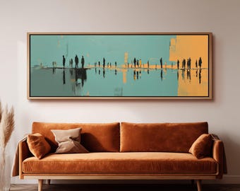 Minimalist Silhouette Canvas, Long Horizontal Wall Art, Wide Panoramic Print, Large Oversized Abstract People, Moody Decor, Office Artwork