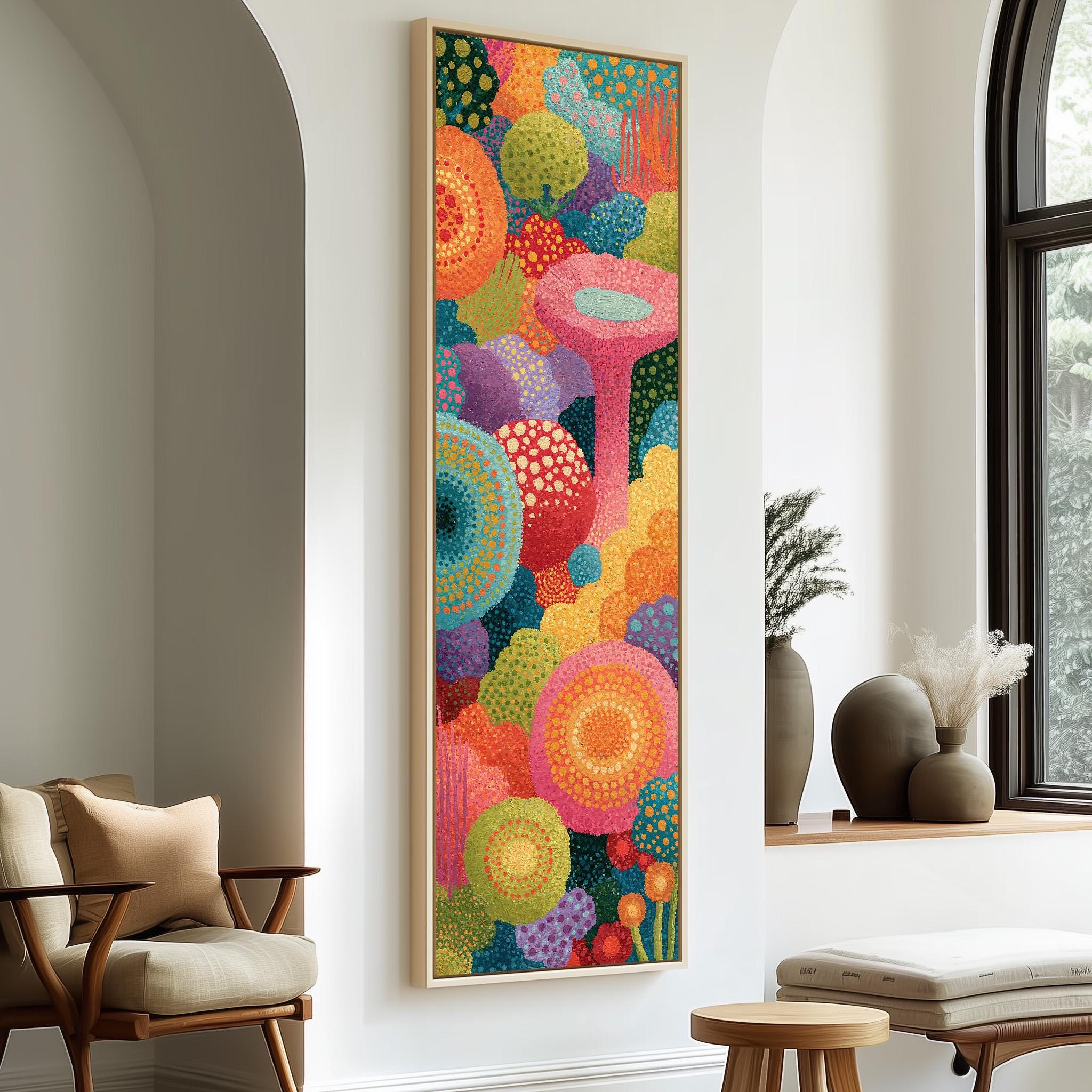 Vivid Dotted Coral Garden Wall Art, Vertical Pointillism Canvas
