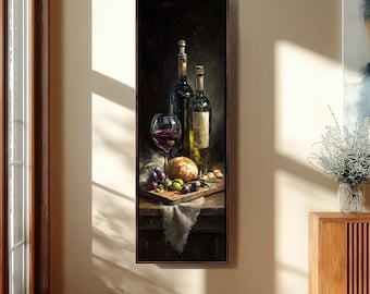 Rustikale Weinflasche Stillleben, hohe, schmale Küchen Leinwand Kunst, langes vertikales Esszimmer Dekor, Dark Academia Print, Vintage Vineyard Gemälde