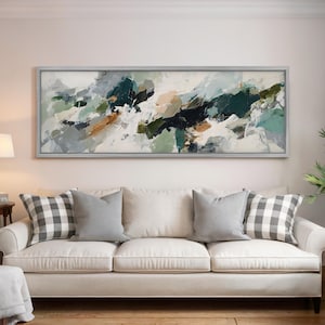 Lienzo abstracto terroso enmarcado, arte con espátula verde, pintura panorámica amplia, decoración de pared grande en tonos apagados, impresión texturizada larga y estrecha