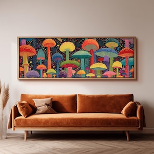 May include: A rectangular wall art piece featuring a vibrant, colourful illustration of various mushrooms against a dark, dotted background. The artwork displays a wide array of fungi in shades of red, orange, yellow, blue, green, and purple.