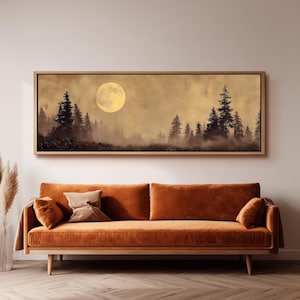Misty Full Moon Canvas Art, Long Narrow Wall Decor, Wide Panoramic Framed Print, Large Oversized Moody Forest, Halloween Art,Halloween Print