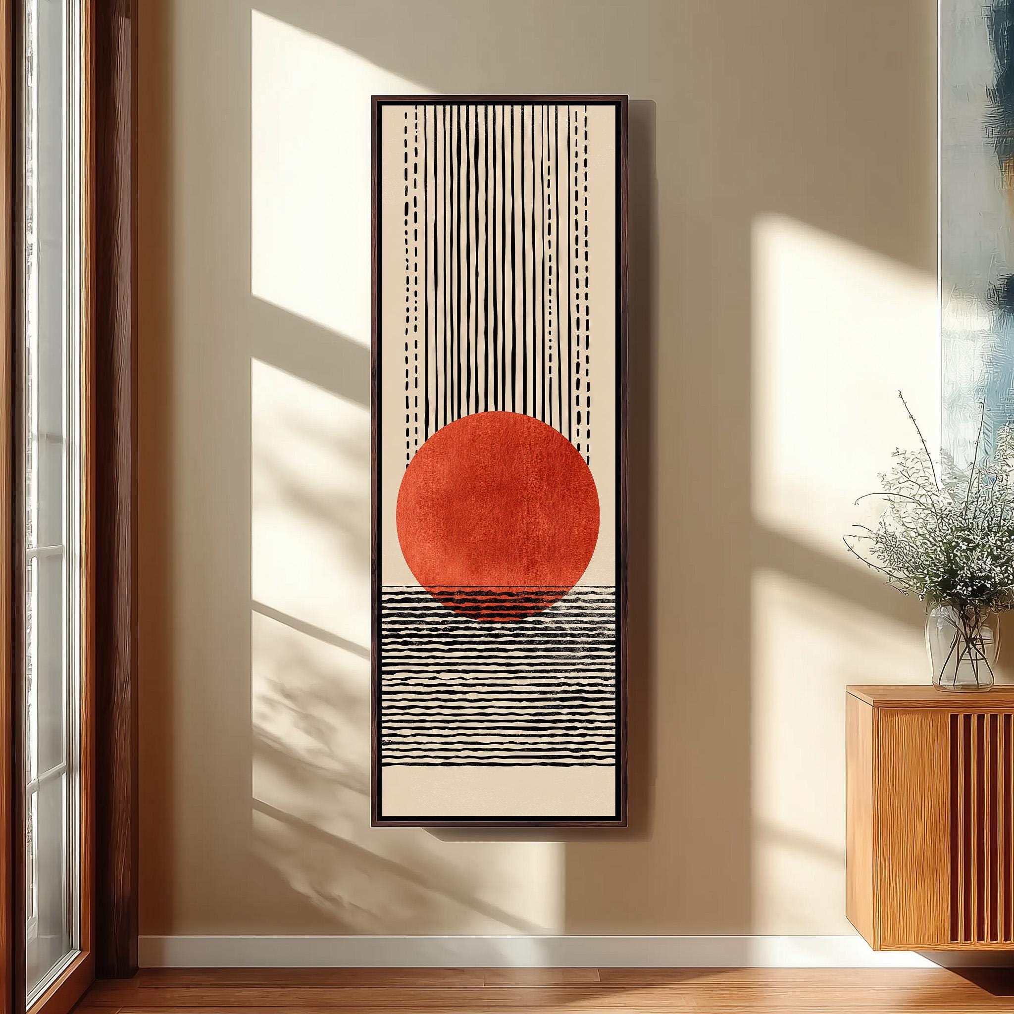 Tall Skinny Boho Abstract Canvas, Long Vertical Geometric Sun Art