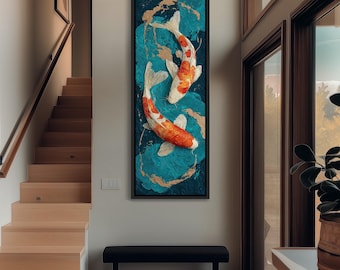Cuadro enmarcado de pez koi, lienzo vertical en verde azulado y dorado, arte submarino alto y estrecho, decoración moderna de estanque, impresión abstracta de pez japonés.
