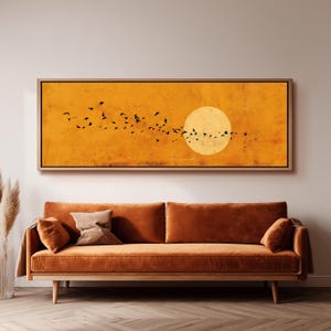 Lámina minimalista con diseño de sol y pájaros, lienzo panorámico de gran formato, decoración horizontal alargada con marco, estampado Japandi con textura dorada, arte para la pared del salón.
