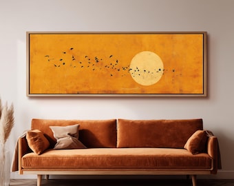 Minimalist Sun and Birds Print, Wide Panoramic Canvas Art, Long Horizontal Framed Decor, Gold Textured Japandi Print, Living Room Wall Art