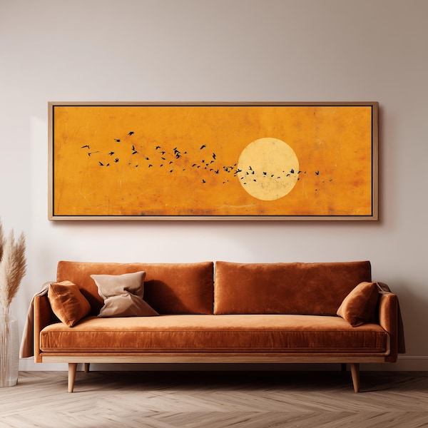 Minimalist Sun and Birds Print, Wide Panoramic Canvas Art, Long Horizontal Framed Decor, Gold Textured Japandi Print, Living Room Wall Art