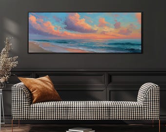 Vibrant Sunset Seascape Canvas, Impressionist Canvas, Wide Panoramic Print, Long Narrow Framed Art, Large Ocean Painting, Bedroom Wall Decor