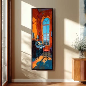 May include: A framed painting depicts a room with an upright piano, a red stool, and a large arched window. The room is painted in shades of orange and blue, with sunlight streaming through the window. The piano is black with a white keyboard.
