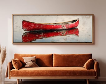 Red Canoe Canvas Print, Rustic Lake House Decor, Wide Panoramic Wall Art, Large Minimalist Painting, Long Narrow Framed Art, Boat Reflection