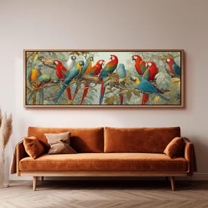 Tropical Macaw Parrot Painting, Wide Panoramic Canvas, Long Horizontal Framed Art, Large Oversized Vintage Bird, Maximalist Jungle Decor