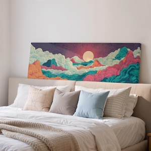 Wide Psychedelic Mountain Print, Long Panoramic Framed Canvas, Retro 70s Abstract Landscape, Colorful Trippy Wall Art for Living Room
