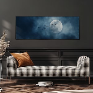 Moody Moon and Birds Canvas, Serene Night Sky Painting, Wide Panoramic Wall Art, Large Framed Print, Minimalist Decor, Long Narrow Artwork