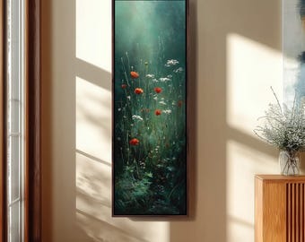 Lienzo de flores de prado altas y estrechas, arte floral oscuro vertical largo, pintura botánica delgada, decoración de jardín con bosque melancólico, regalo para amantes de la naturaleza