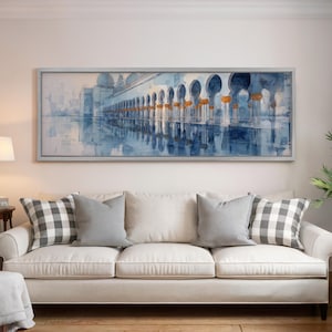 Grand Mosque Watercolor Painting, Long Horizontal Wall Art, Wide Panoramic Canvas, Large Oversized Islamic Print, Ethereal Islamic Painting