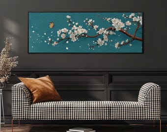 Cherry Blossom Canvas Print, Japandi Wall Art, Long Narrow Decor, Wide Panoramic Framed Artwork, Large Minimalist Zen, Bedroom Wall Art