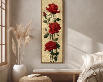 Lienzo de rosas rojas verticales altas, pintura floral larga y estrecha, arte botánico vintage, estampado floral romántico, decoración de pared de estilo antiguo.