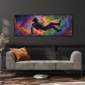 Astronaut in Space Canvas, Wide Panoramic Wall Art, Long Horizontal Print, Large Oversized Sci-Fi Decor, Psychedelic Nebula, Man Cave Art