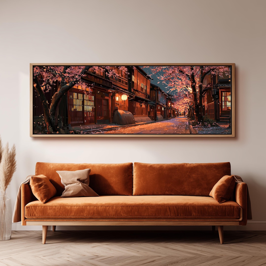 Kyoto Cherry Blossom Wall Art, Japanese Night Scene, Wide Anime
