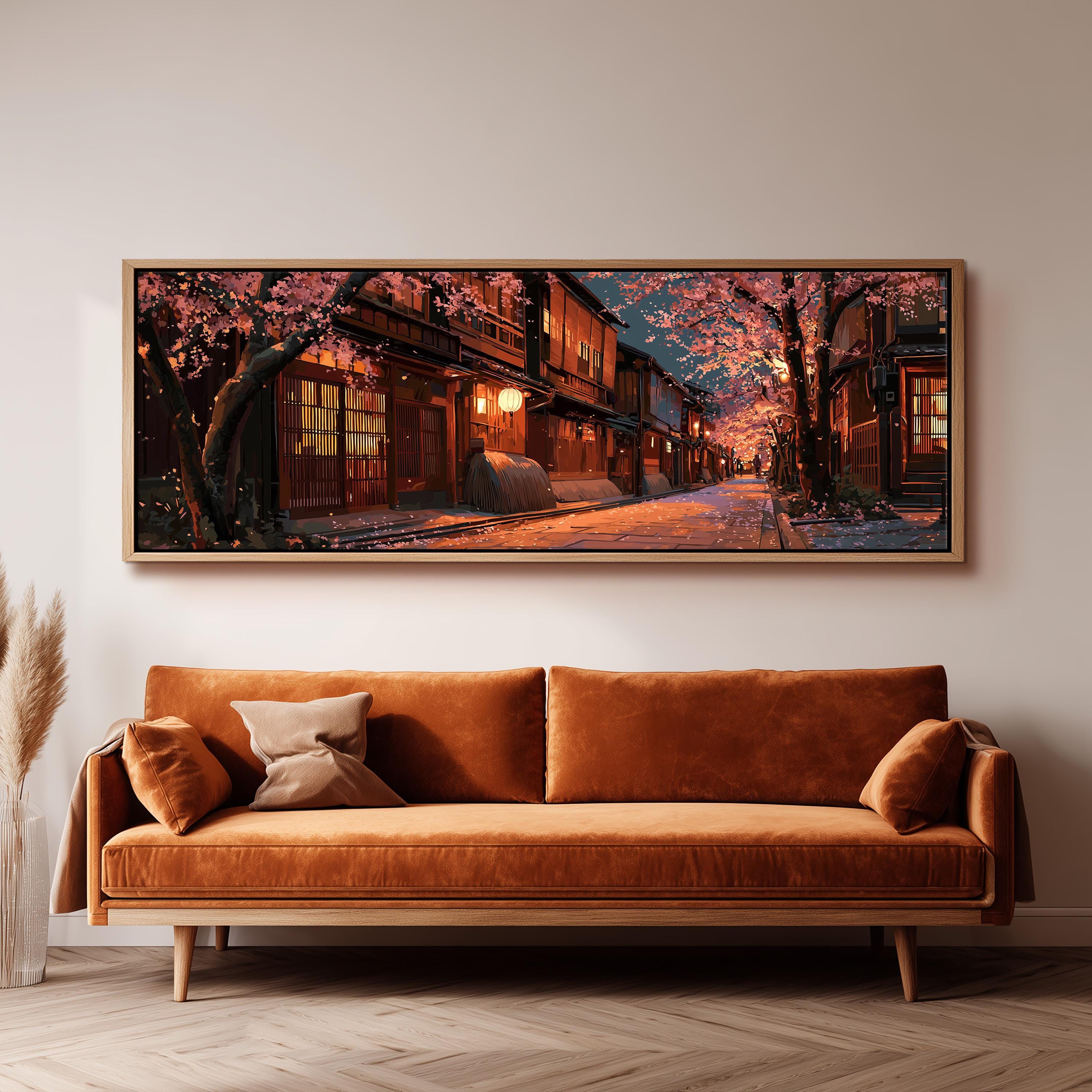 Kyoto Cherry Blossom Wall Art, Japanese Night Scene, Wide Anime