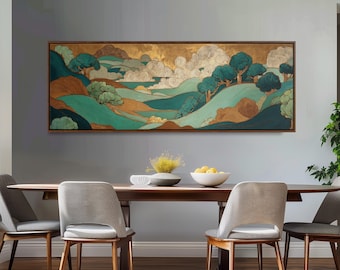 Japanese Landscape Wall Art, Stylized Trees & Clouds, Gold Teal Decor, Wide Panoramic Framed Canvas, Long Horizontal, Chinoiserie Zen Print