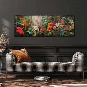 Tropical Garden Wall Art, Colorful Floral Canvas, Wide Panoramic Framed Print, Long Horizontal Painting, Lush Jungle Botanical Home Decor
