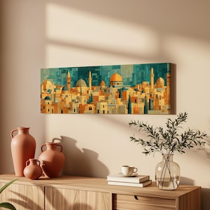 Lienzo abstracto con paisaje urbano islámico, impresión panorámica ancha, cuadro largo enmarcado horizontal, decoración estilizada de Oriente Medio, arte mural islámico