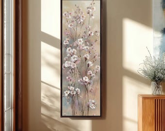 Lienzo floral alto y estrecho enmarcado, arte de tallos florales verticales largos, decoración botánica en tonos pastel, impresión de naturaleza suave, elegante pintura mural.
