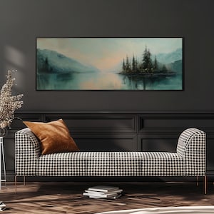 Moody Lakeside Decor Framed Art, Horizontal Wall Art, Wide Panoramic Oil Painting, Large Framed Canvas, Forest Canvas Print, Above Bed Decor