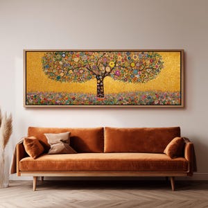Arte murale Albero della vita, stampa in stile Gustav Klimt, ampia tela panoramica, grande decorazione a mosaico dorato, fiori astratti colorati, opera d'arte incorniciata
