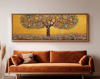 Tree of Life Wall Art, Gustav Klimt Style Print, Wide Panoramic Canvas, Large Gold Mosaic Decor, Colorful Abstract Flowers, Framed Artwork