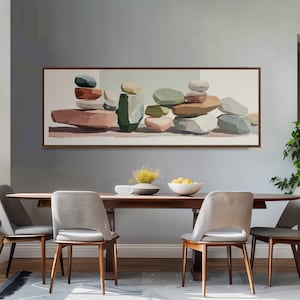 Cuadro zen de piedras apiladas, arte mural horizontal alargado, impresión panorámica en lienzo, minimalista, decoración de oficina de spa japandi.