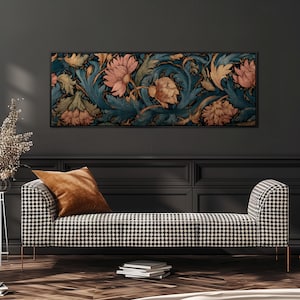 William Morris Style Canvas, Arts & Crafts Print, Wide Panoramic Wall Art, Large Floral Tapestry, Long Narrow Framed Art, Teal and Pink
