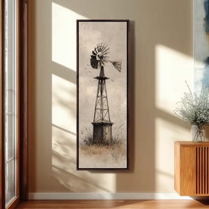 Vintage Windmill Wall Art, Tall Narrow Vertical Canvas, Farmhouse Long Framed Sketch Print, Rustic Texas Decor, Americana Artwork