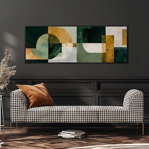 Mid Century Modern Abstract Art, Horizontal Wall Art, Wide Panoramic Wall Art, Large Framed Canvas Print, Green Gold Geometric Wall Decor