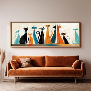 Gatti in stile Mid-Century Modern, ampia tela panoramica, stampa incorniciata lunga e stretta, decorazione retrò di grandi dimensioni, decorazione murale per la cameretta dei bambini, arredamento moderno