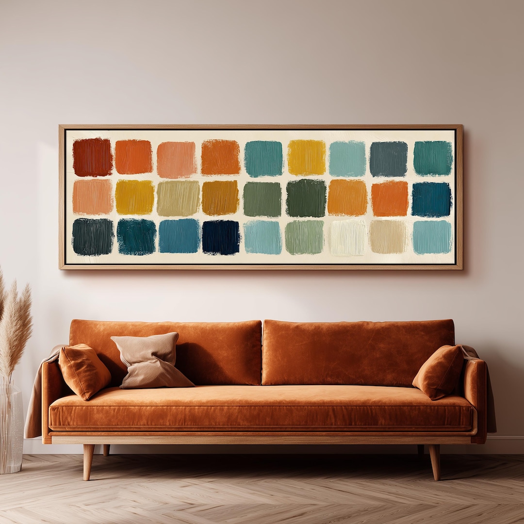 Abstract Color Block Art, Long Horizontal Panoramic Framed Canvas, Mid ...