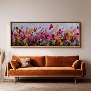 Floral Canvas Painting, Colorful Tulips Art Print, Wide Panoramic Framed Canvas, Long Horizontal Wall Art, Abstract Meadow,Living Room Decor