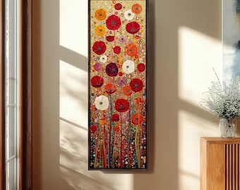 Tall Vertical Abstract Flower Art, Long Narrow Decorative Floral Canvas, Skinny Gold Background Print, Klimt Painting, Colorful Wildflower