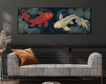 Pintura de pez koi japonés, impresión abstracta, lienzo panorámico largo enmarcado, decoración de pared vintage Yin Yang, lienzo ancho para sala de estar.