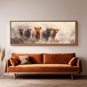 Highland Kuh Malerei, breite Panorama Leinwand Kunst, lange schmale gerahmte Dekor, große übergroße Aquarell, rustikale Bauernhaus, Wohnzimmer Kunst