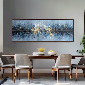Abstract Cityscape Painting, Modern Textured Impasto Print, Wide Panoramic Framed Canvas, Long Horizontal Art, City Lights, Above Sofa Decor
