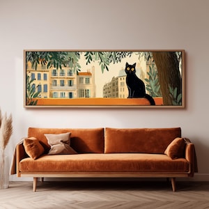 Black Cat City Canvas Wall Art, Wide Panoramic Urban Street Framed Art, Long Horizontal Cat Canvas, Above Sofa Wall Art, Cat Lover Gift