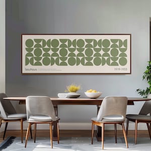 Mid Century Bauhaus Canvas, Sage Green Geometric Print, Living Room Wall Art, Long Narrow Horizontal Bauhaus Print, Panoramic Framed Canvas