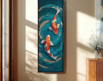 Lienzo enmarcado de koi alto y estrecho, pintura vertical alargada, arte de estanque verde azulado, decoración japonesa abstracta, impresión de pared de animales con pan de oro.