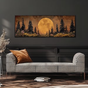 Golden Full Moon Painting, Long Horizontal Canvas, Wide Panoramic Wall Art, Large Oversized Forest Print, Moody Landscape, Above Bed Decor