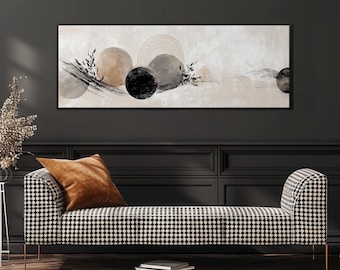 Japandi Circles Canvas Art, Long Horizontal Wall Decor, Wide Panoramic Print, Large Oversized Minimalist Art, Earth Tones,Zen Office Artwork